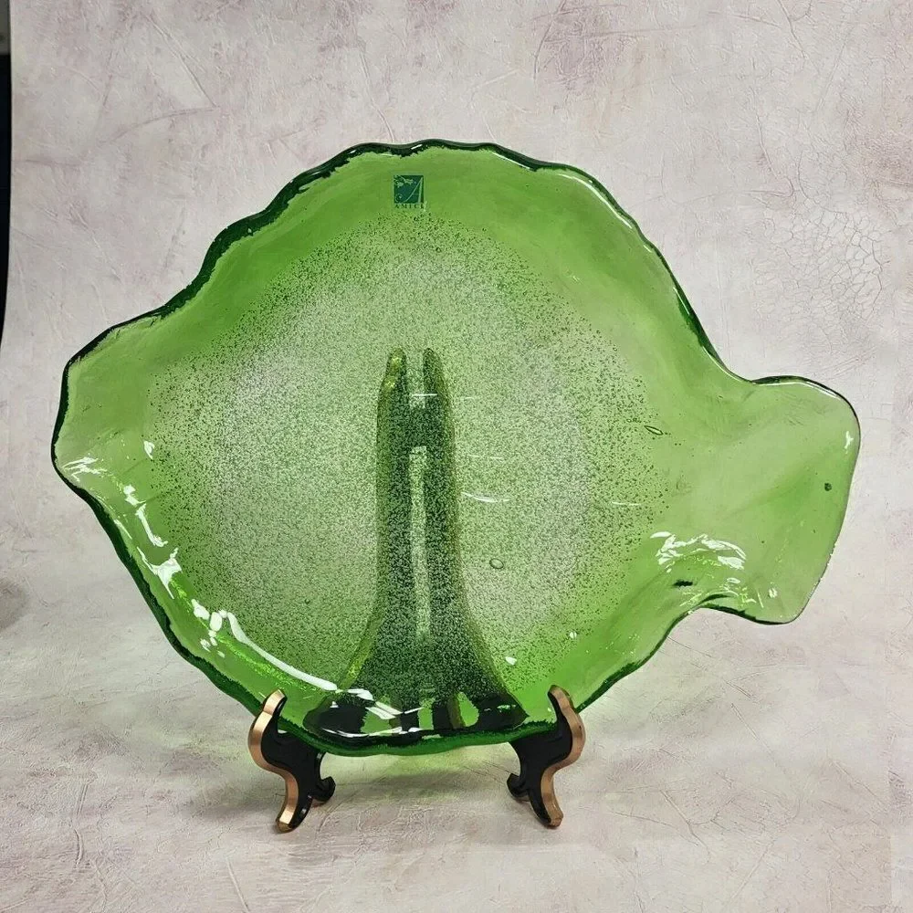 Vintage AMICI 11.5 Long Fish Shape Plate Dish Italian‎ Bubble Green Art Glass